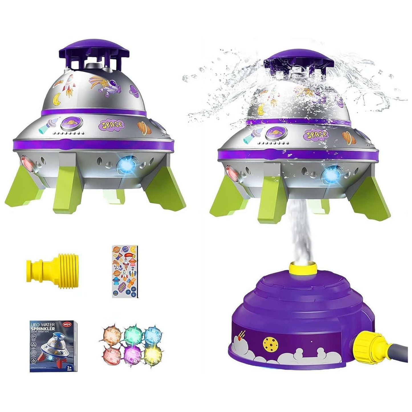 UFO Rocket Sprinkler – 360° Rotating Water Toy with LED Lights & DIY Stickers