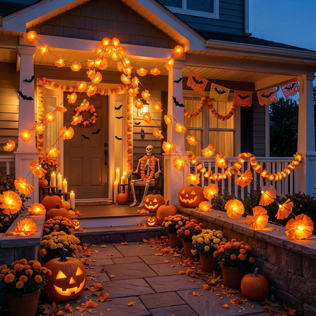 Halloween Marigold LED Garland Lights – 20/40 LEDs, Remote & Steady-On Options