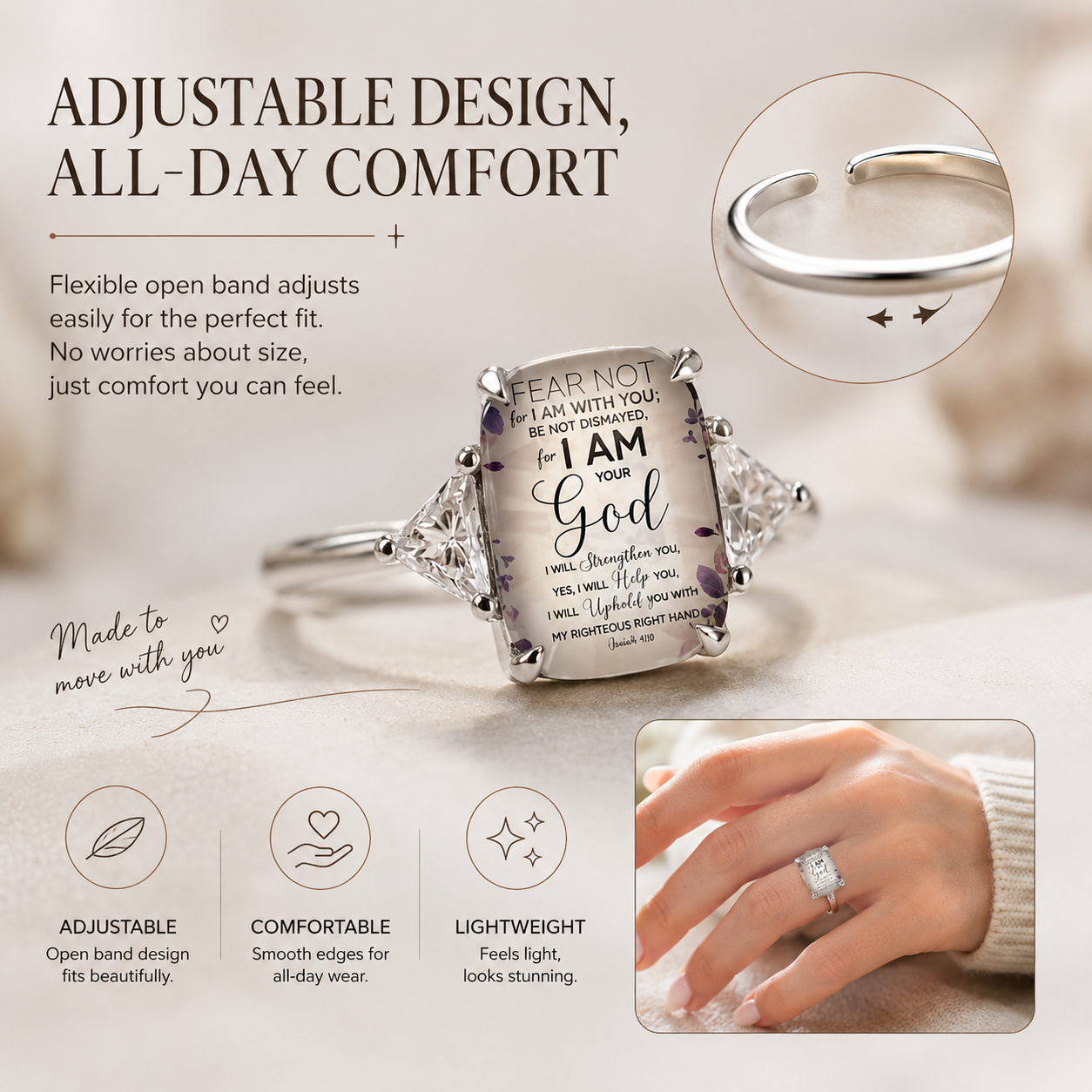 Women's Adjustable Christian Scripture Ring – Gold-Plated CZ Jewelry