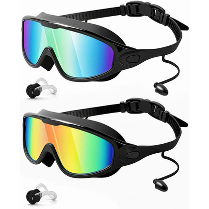2 Pack Swim Goggles with Waterproof Earplugs & Nose Clip