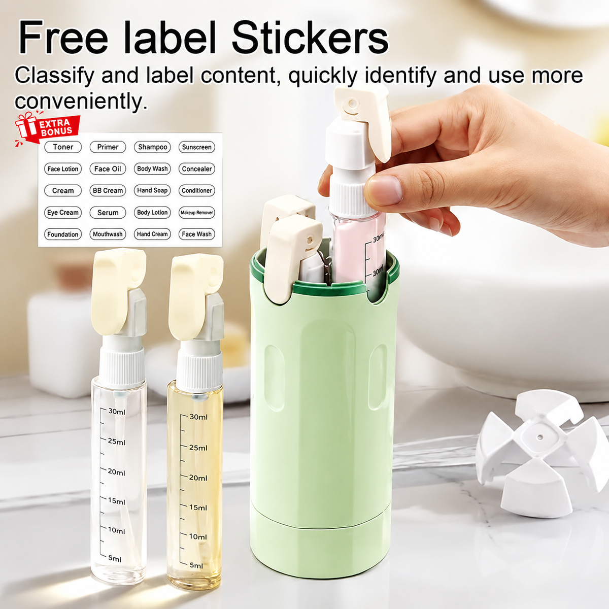 4 in 1 Travel Dispenser Bottle with Scale and Label