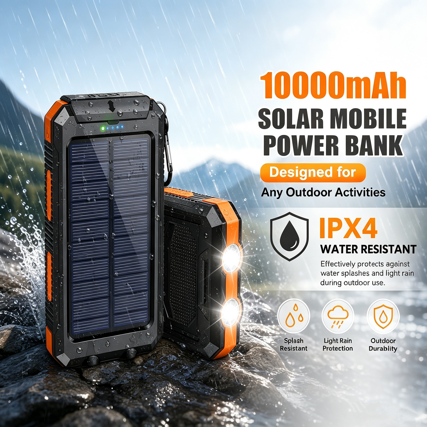 10000mAh Solar Power Bank with Flashlight & Dual USB Charging