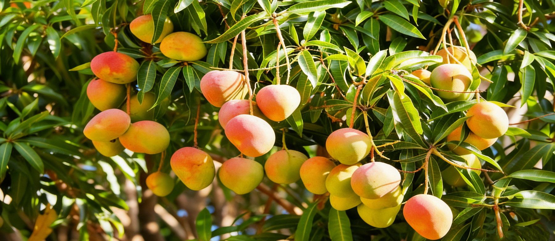 Mangoes growing on a mature tree