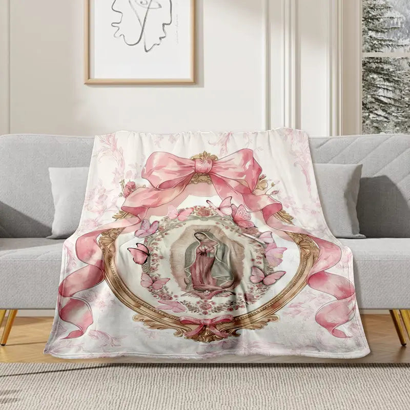 Virgin Mary Our Lady of Guadalupe Pink Bow Frame Flannel Blanket
