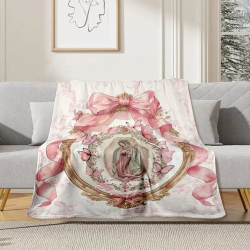 Virgin Mary Our Lady of Guadalupe Pink Bow Frame Flannel Blanket