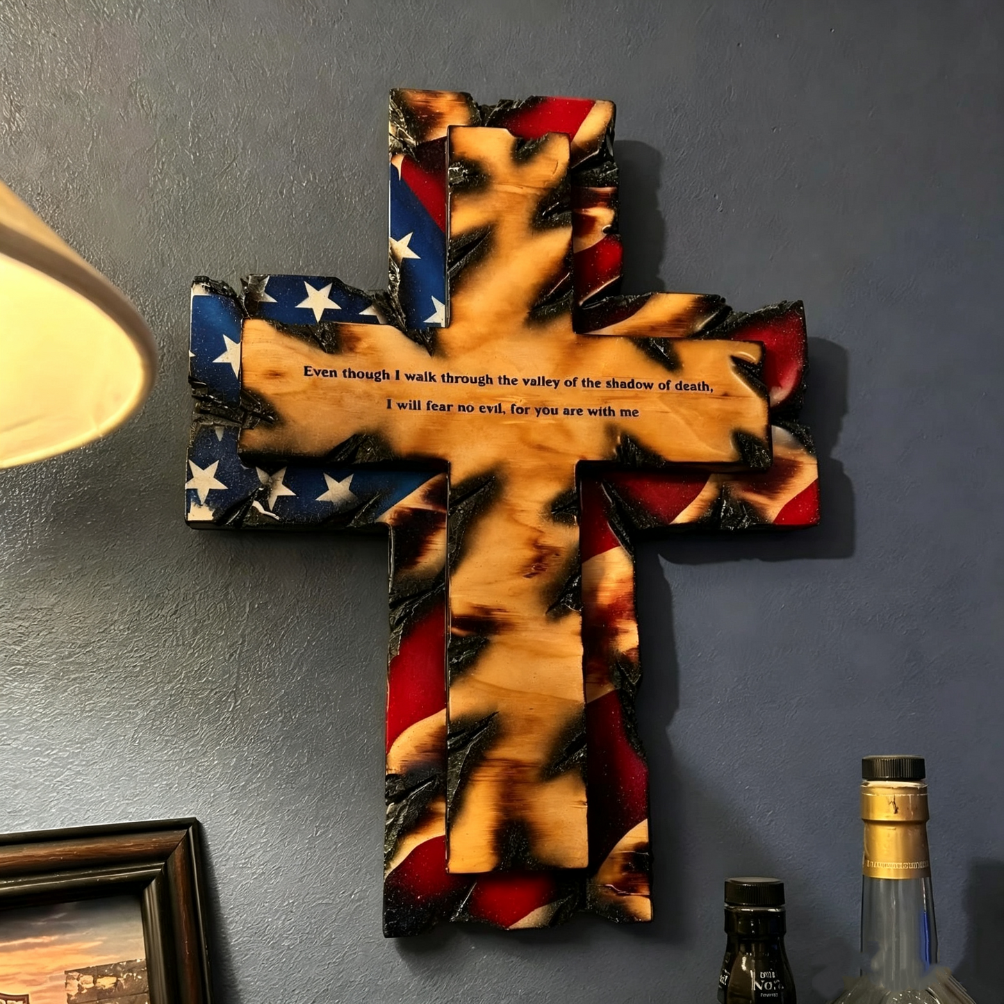 Handcrafted Tattered Flag Cross with Inspiring Verse – Rustic Faith Wall Art