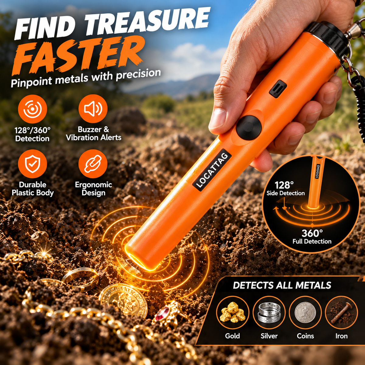 Handheld Metal Detector Pinpointer – 360° Precision Treasure Finder