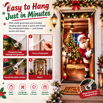 Santa & Reindeer Christmas Door Banner – Large Reusable Holiday Decor