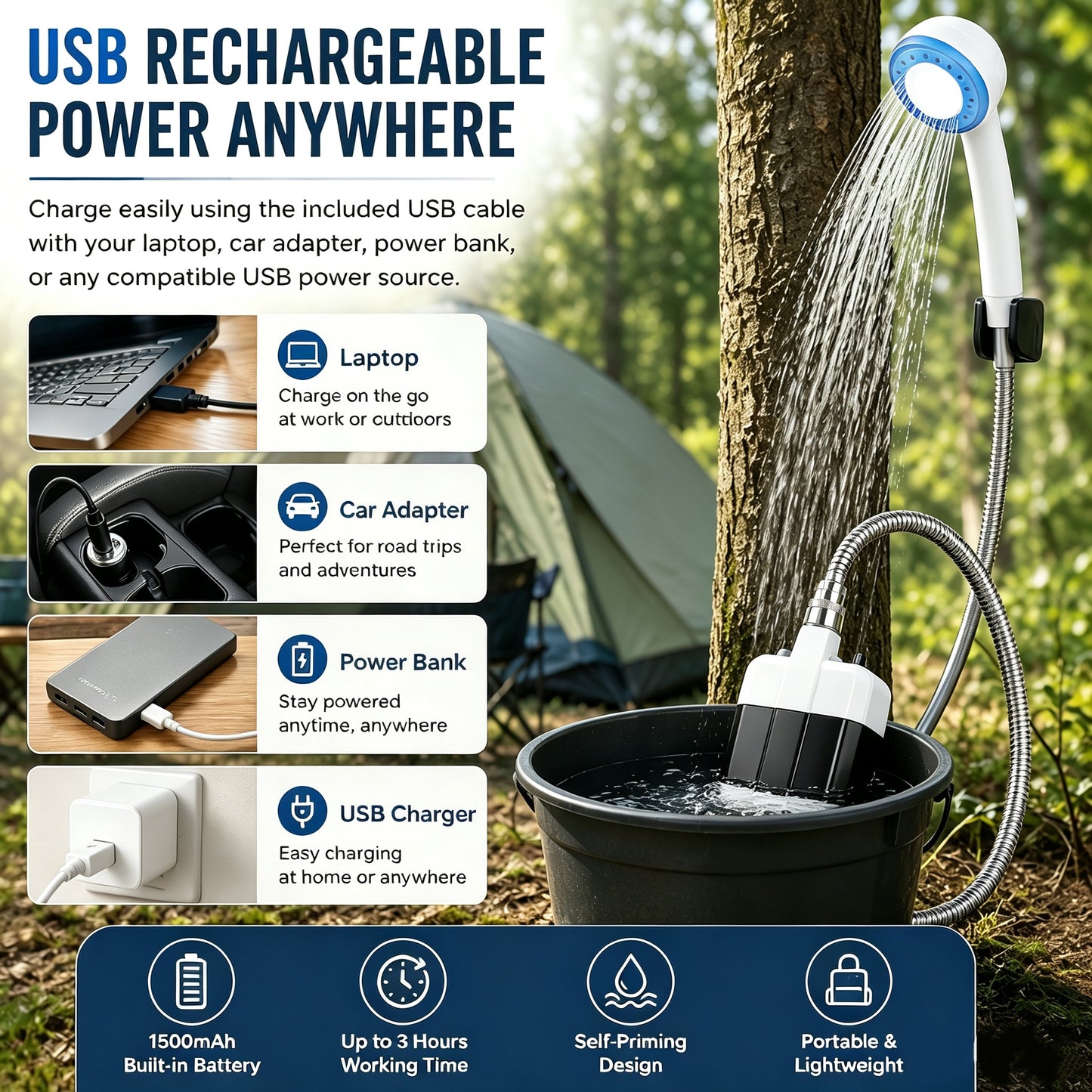 Portable Camping Shower – 1500mAh Self-Priming USB Electric Shower