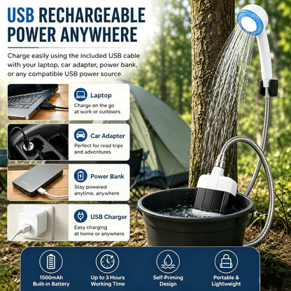 Portable Camping Shower – 1500mAh Self-Priming USB Electric Shower