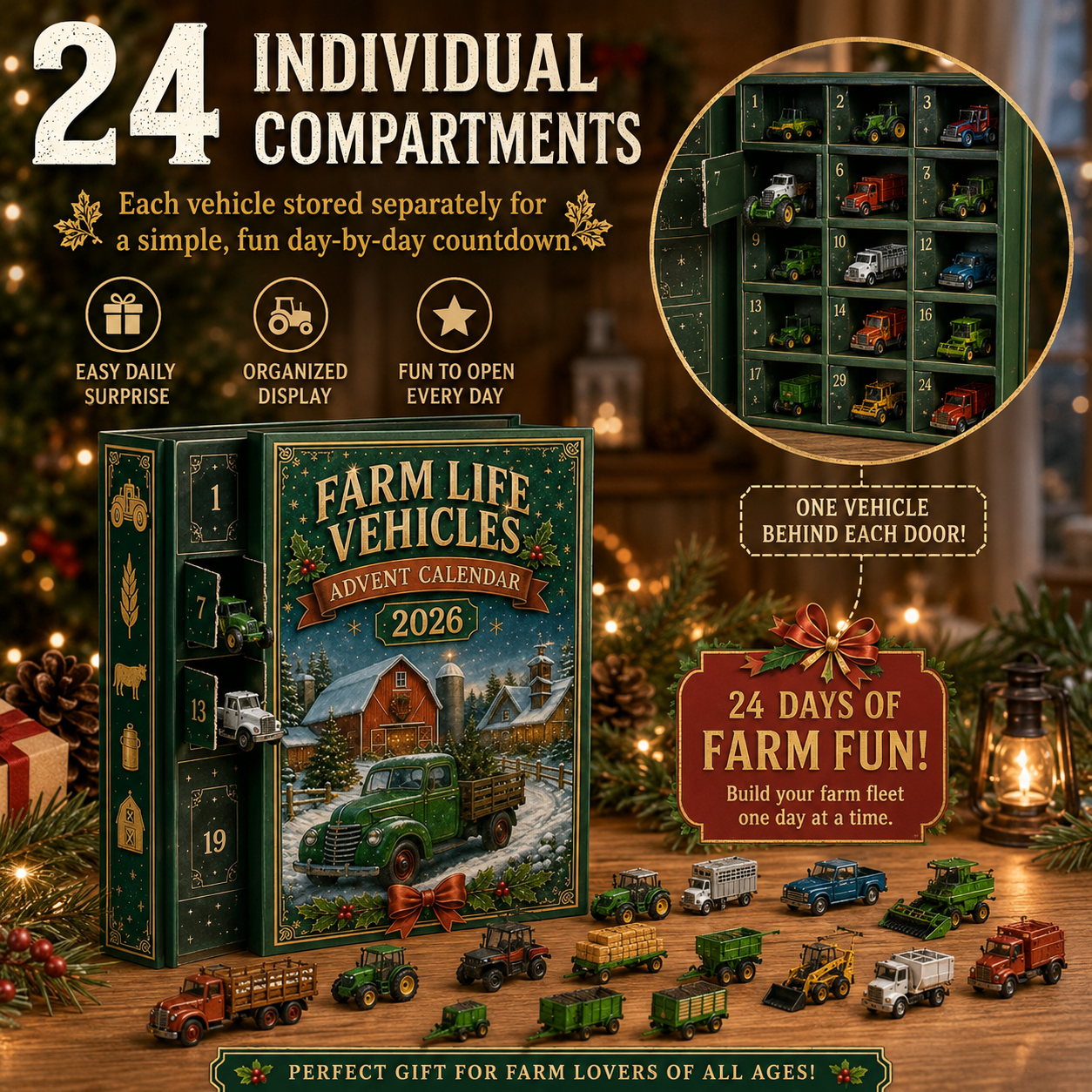 2026 Farm Advent Calendar – 24 Mini Farm Vehicle Decorations