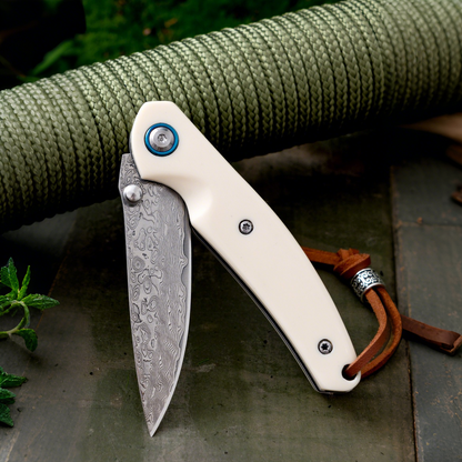 Damascus Folding Tool “Blue Sparrow” – Precision Craft Pocket EDC