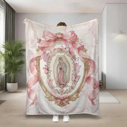 Virgin Mary Our Lady of Guadalupe Pink Bow Frame Flannel Blanket