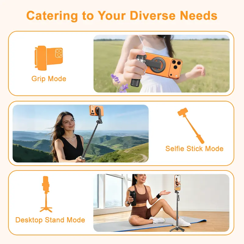 Upgrated 4-in-1 Magnetic Selfie Stick with Remote for Cell Phone 360° Rotation