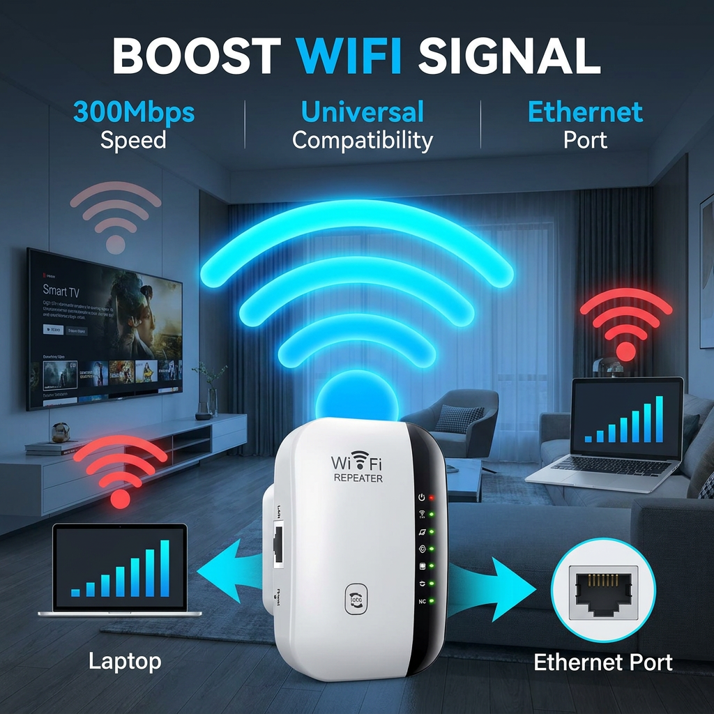 300Mbps WiFi Extender – Universal Wireless Signal Booster with Ethernet Port