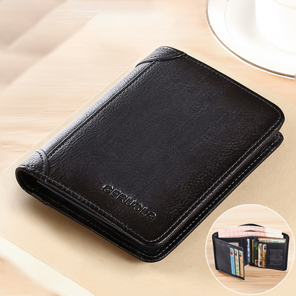 Genuine Top Grain Leather RFID Blocking Trifold Wallet for Men - 11 Slots