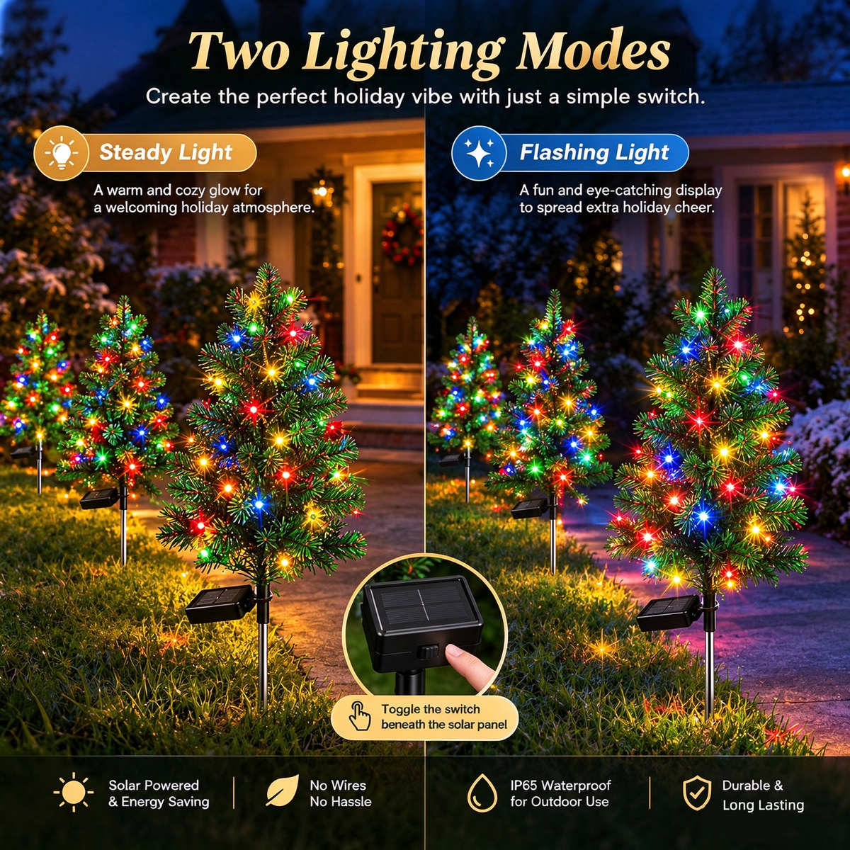 Solar Christmas Tree Lights, 2 Modes, IP65 Waterproof Outdoor Decor