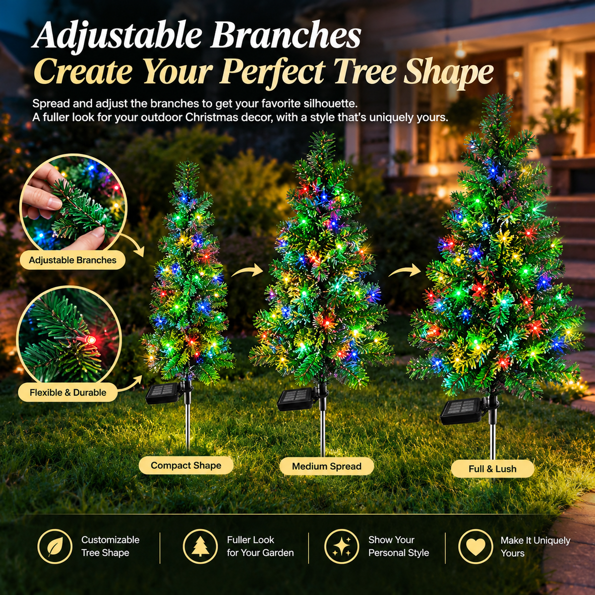 Solar Christmas Tree Lights, 2 Modes, IP65 Waterproof Outdoor Decor