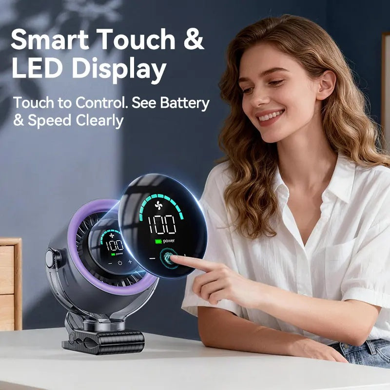 4000mAh Clip-On Turbo Fan – 100 Speeds, 360° Tilt, LED Display