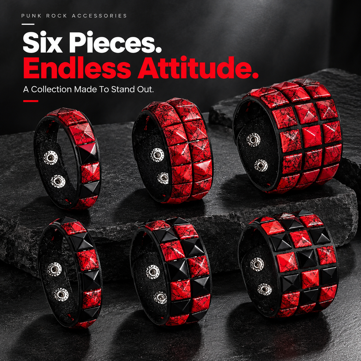 6Pcs Punk Rock Wide Artificial Leather Cuff Bracelets