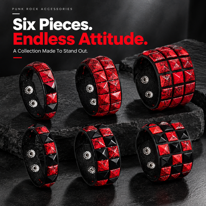 6Pcs Punk Rock Wide Artificial Leather Cuff Bracelets