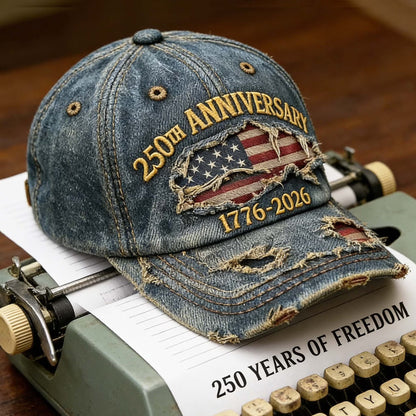 250th Anniversary Distressed Denim Hat – 1776-2026 Embroidered Patriotic Cap