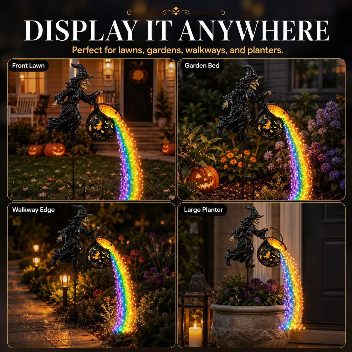 Halloween Flying Witch Cauldron Garden Stake Light
