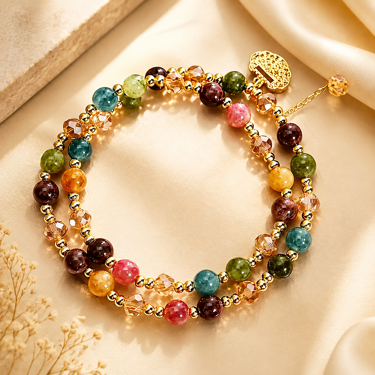 Premium Double Strand Rainbow Tourmaline Beaded Bracelet