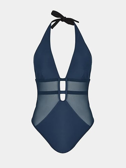 Mesh Plunging Halter One Piece Swimsuit