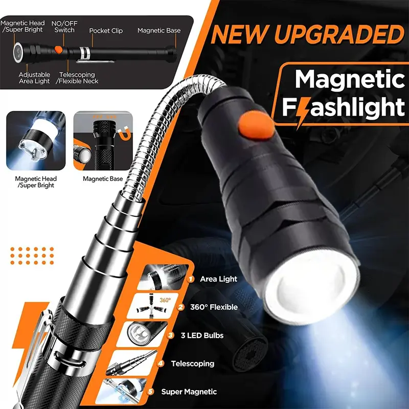 Extendable Magnetic Pickup Tools —Telescoping Magnet with LED Flashlight
