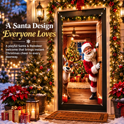 Santa & Reindeer Christmas Door Banner – Large Reusable Holiday Decor