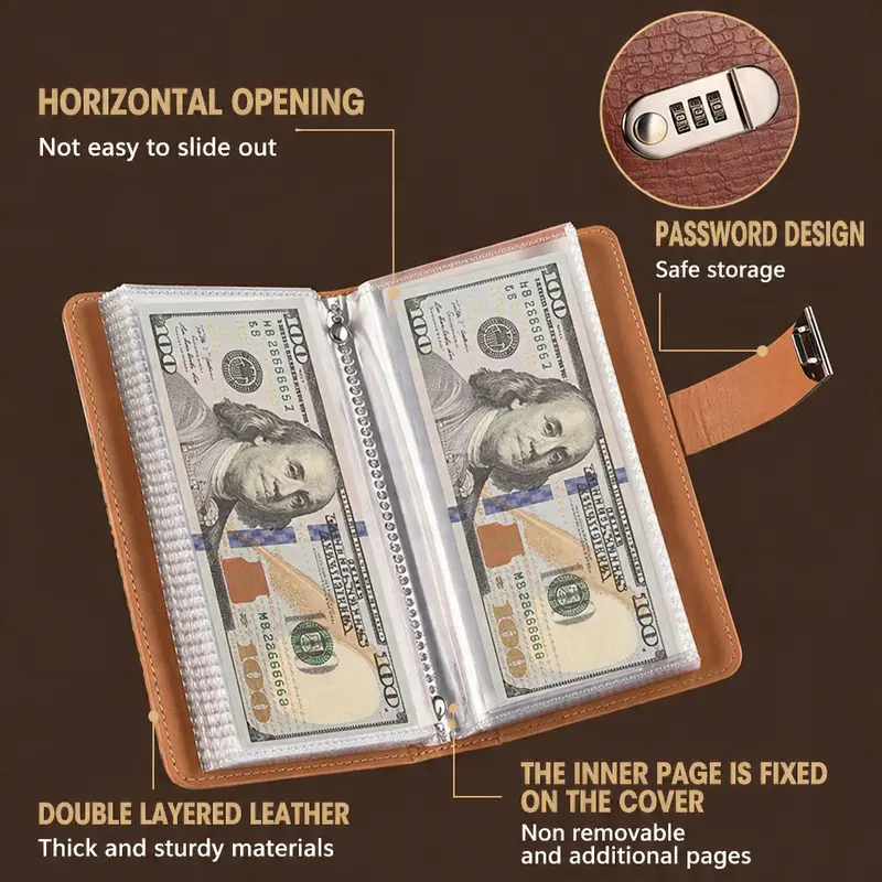 100-Pocket PU Leather Currency Album with Password Lock