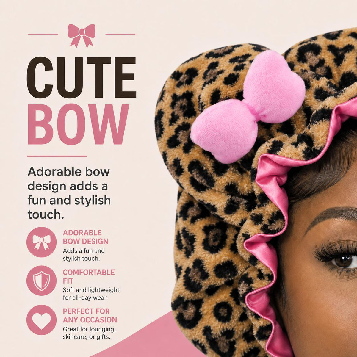Leopard Print Satin Sleep Cap – Plush Bear Ear Hair Protection