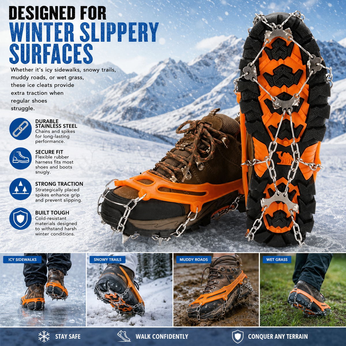 10-Spike Stainless Steel Crampons – Anti-Slip Ice Cleats