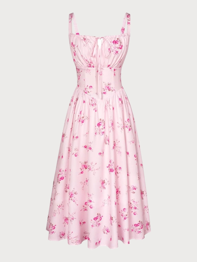Women’s Floral Midi Corset Sundress – Summer Spring Vacation Milkmaid Style
