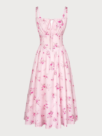 Women’s Floral Midi Corset Sundress – Summer Spring Vacation Milkmaid Style