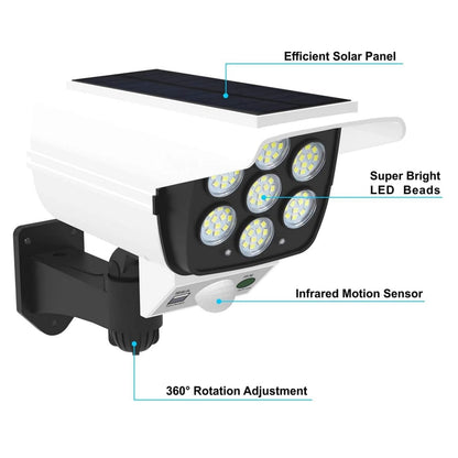 Solar Motion Sensor Security Light – 2000 Lumens, 77 LEDs, IP66, Fake Camera Decoy