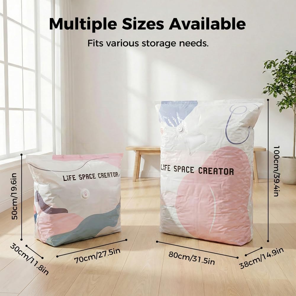 No-Pump Vacuum Storage Bags – 2 Sizes, Instant Space-Saving Compression