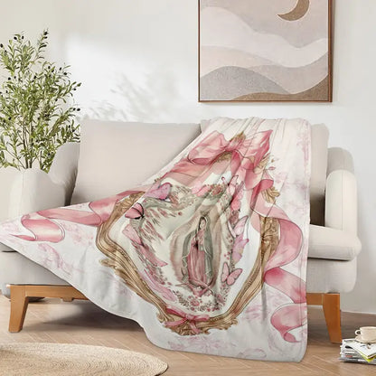 Virgin Mary Our Lady of Guadalupe Pink Bow Frame Flannel Blanket