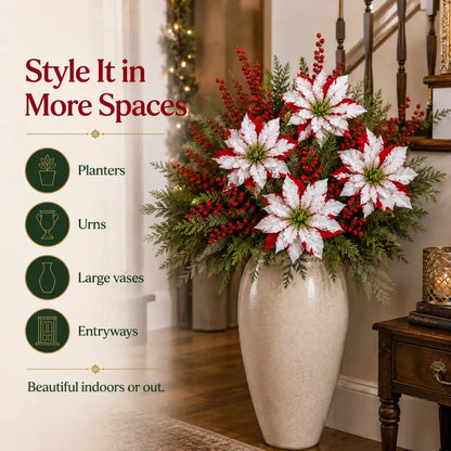 🌺🎄Christmas Poinsettia Planter Inserts – Set of 6 Holiday Floral Picks