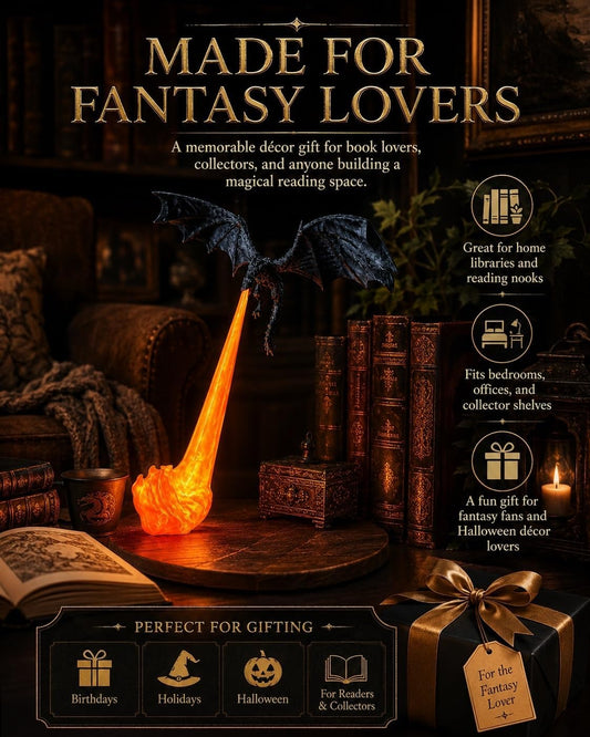 Dragon's Breath Bookshelf Nook Light – 3D Printed Fire Fantasy Decor