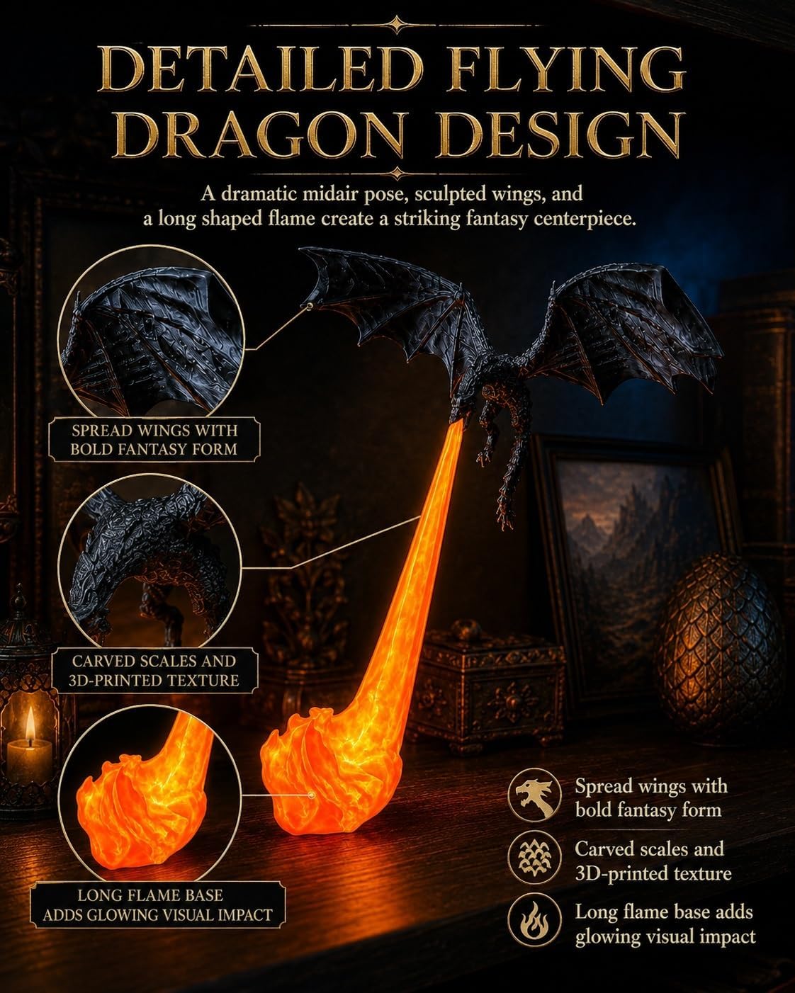 Dragon's Breath Bookshelf Nook Light – 3D Printed Fire Fantasy Decor