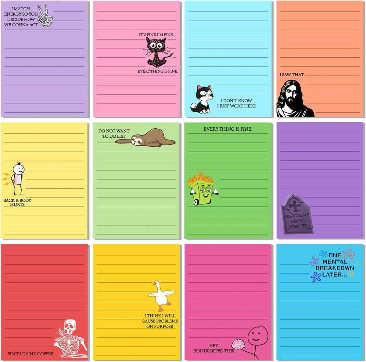 12 Pcs Funny Sticky Notes for Work 4x3''