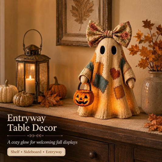 Lighted Vintage Patchwork Ghost Figurine – Glowing Halloween Decor with Pumpkin Lantern