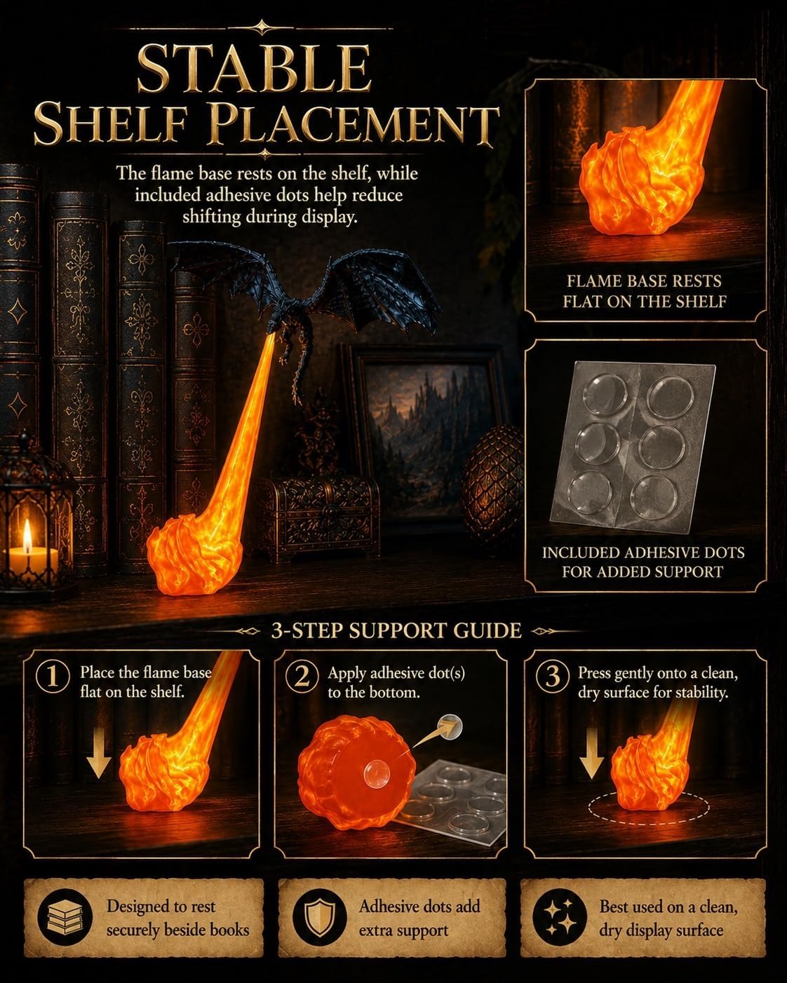Dragon's Breath Bookshelf Nook Light – 3D Printed Fire Fantasy Decor