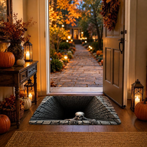 3D Halloween Skull Doormat – Optical Illusion Crystal Velvet Rug