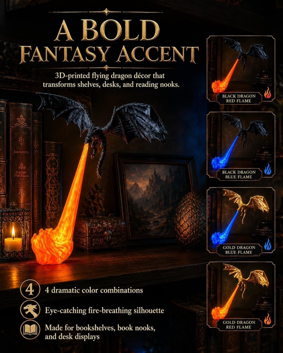 Dragon's Breath Bookshelf Nook Light – 3D Printed Fire Fantasy Decor