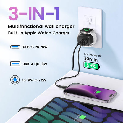 3-in-1 Apple Watch Charger Block – 23W PD, Built-in Watch Charger, Dual USB-C