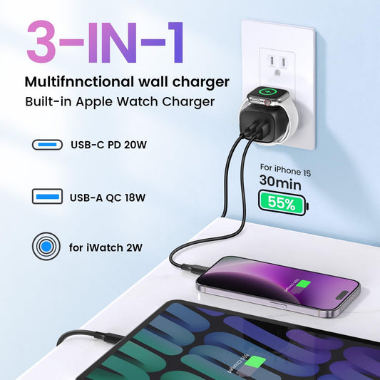 3-in-1 Apple Watch Charger Block – 23W PD, Built-in Watch Charger, Dual USB-C