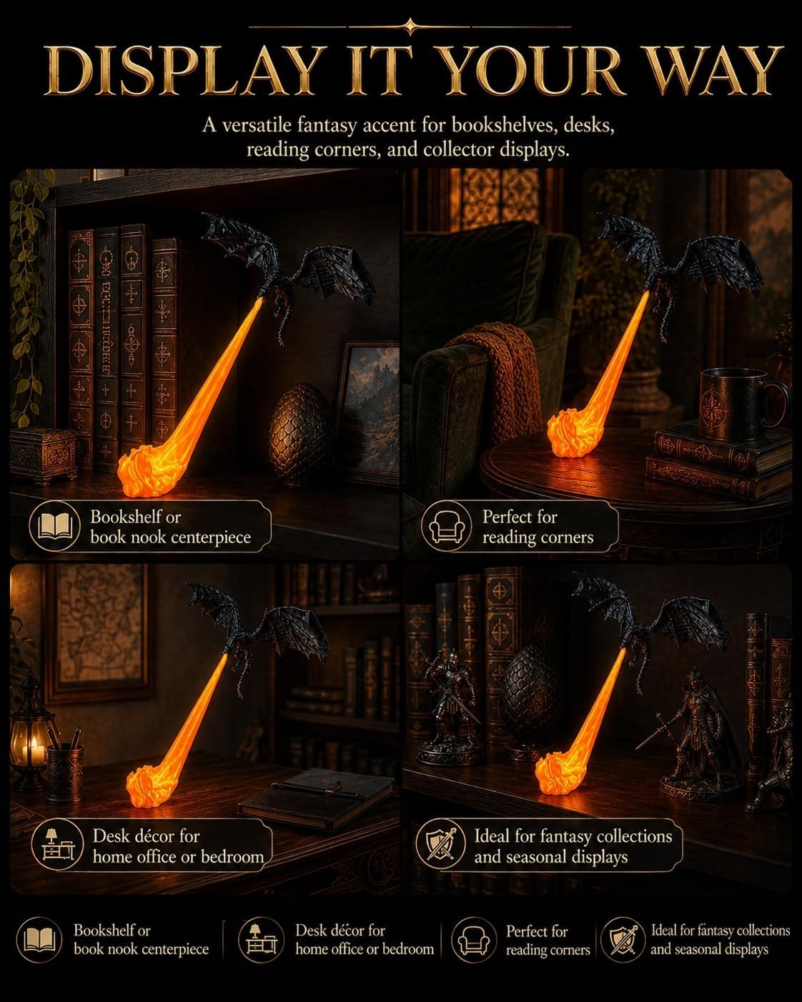 Dragon's Breath Bookshelf Nook Light – 3D Printed Fire Fantasy Decor